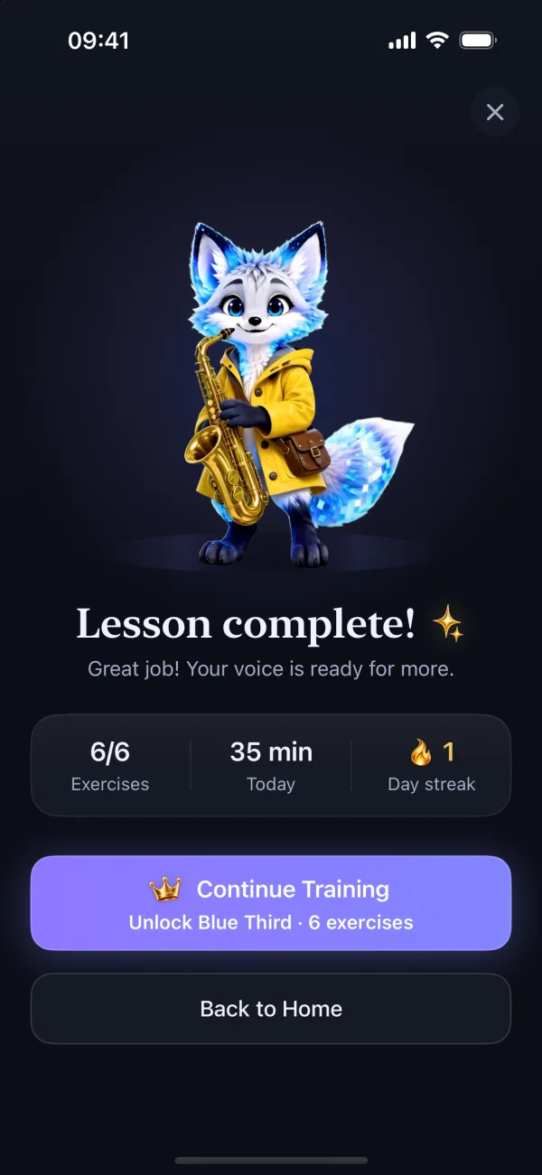 Lesson complete: exercises, minutes and streak