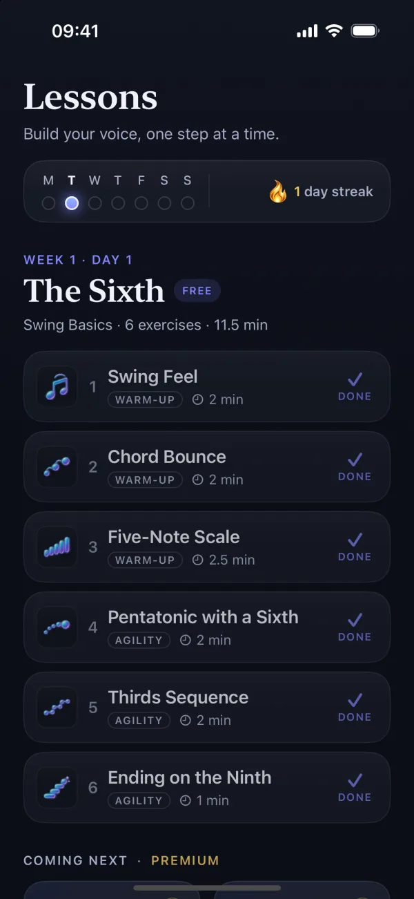 Lessons: the week's exercises, the day streak